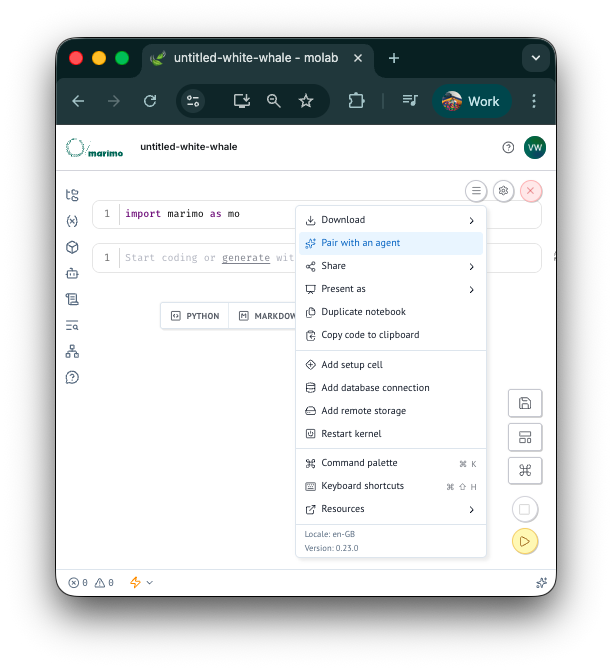 Screenshot of a molab notebook showing the option to pair with an agent from the actions panel